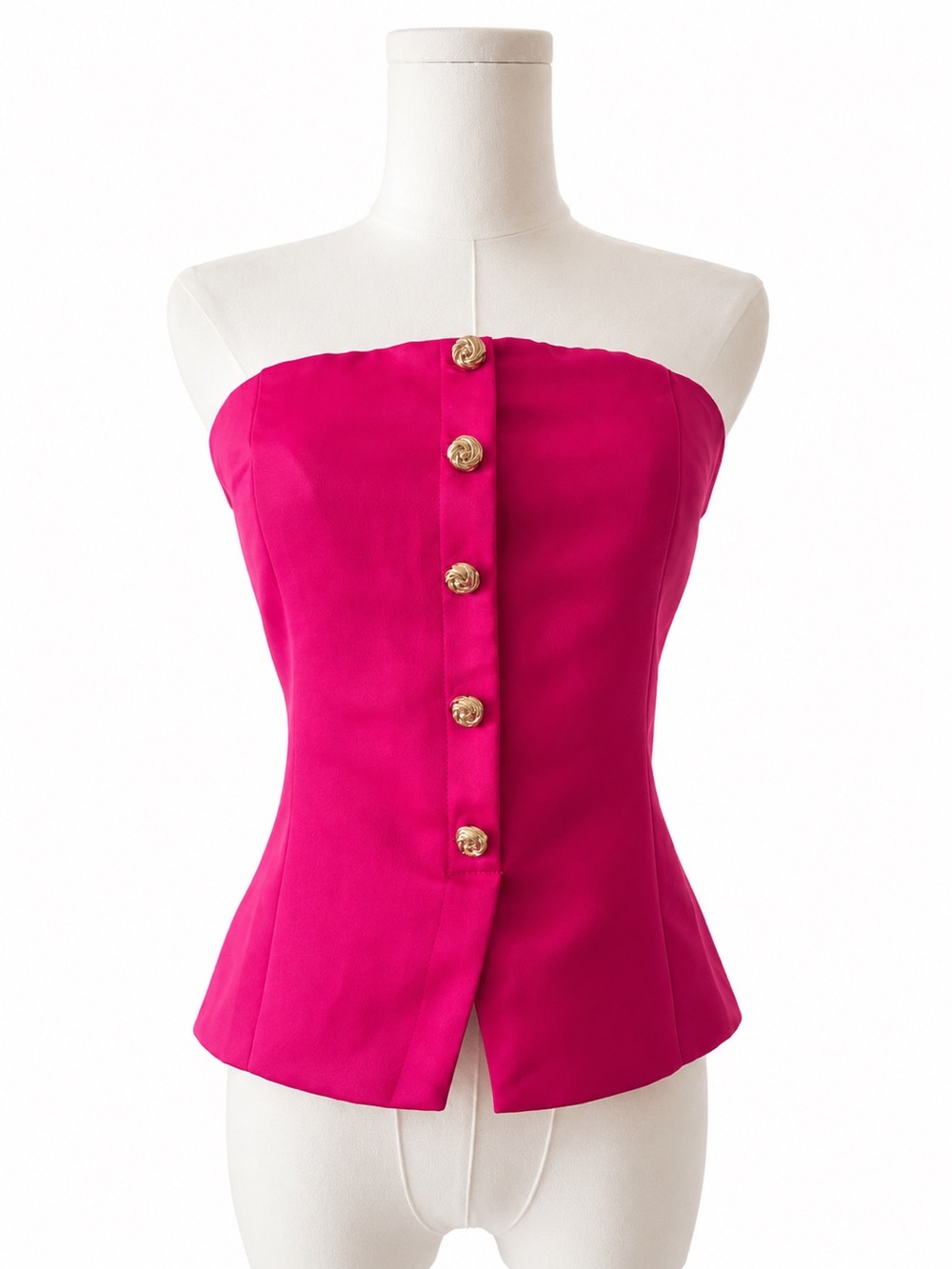 Olivaceous Vibrant Pink Red Strapless Bustier Top with Gold Buttons